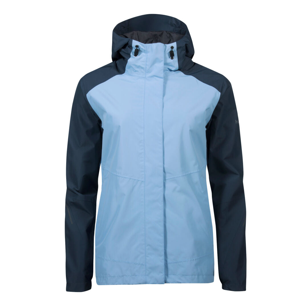 Halti Fort DX Shell Jacket Womens in light and dark blue, recycled polyester, front zipper, two side pockets.