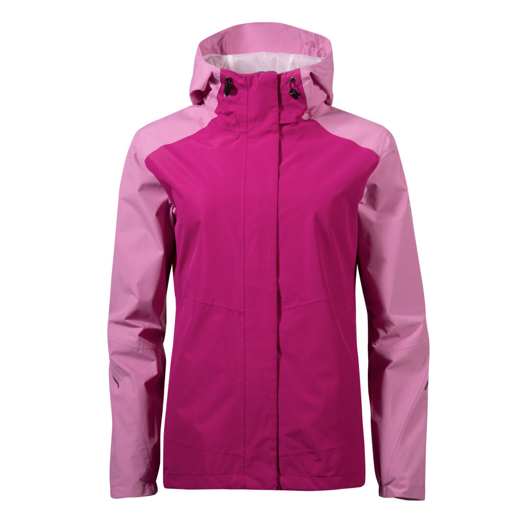 The Halti Fort DX Shell Jacket Womens is a two-tone pink waterproof DrymaxX® hooded jacket with zip front and long sleeves.