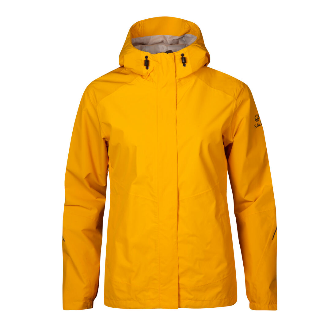 Halti Fort DX Shell Jacket Womens: yellow, recycled polyester, front zipper, pockets, and adjustable hood drawstrings.