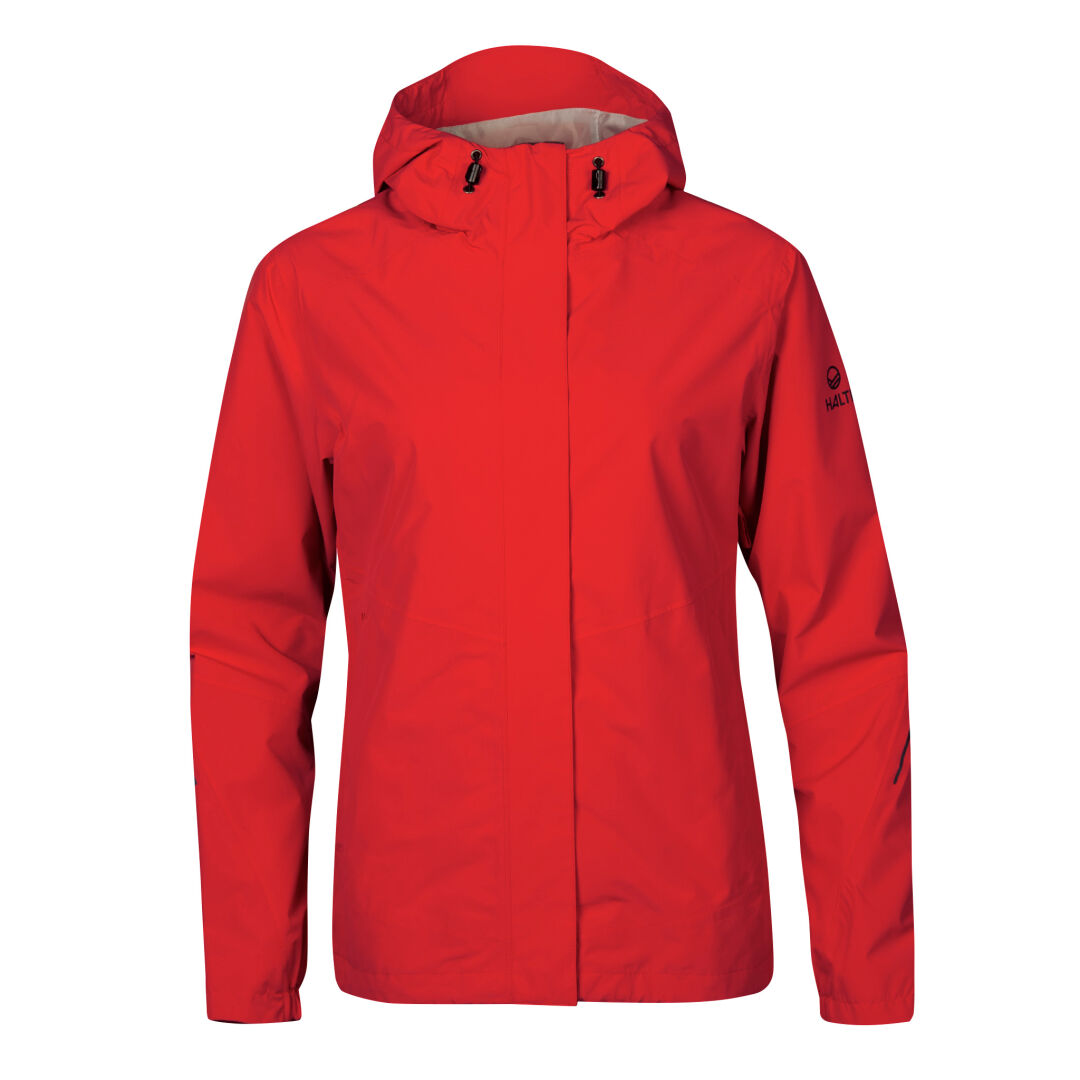 Front view of Halti Fort DX Shell Jacket Womens in red, recycled polyester, with long sleeves and zippered front.