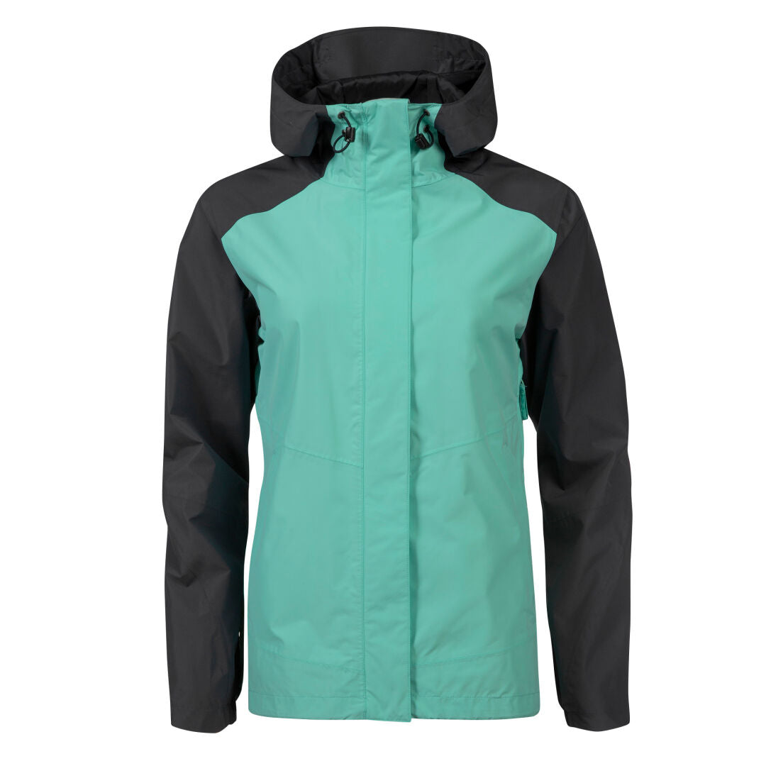 The Halti Fort DX Shell Jacket Womens is a teal and black recycled polyester rain jacket with hood and front zipper.