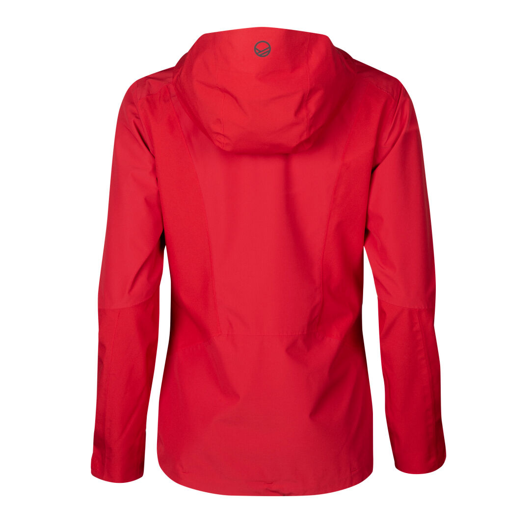 The Halti Vaara Womens Recy DrymaxX Shell Jacket in bright red with hood, shown from the back on white.