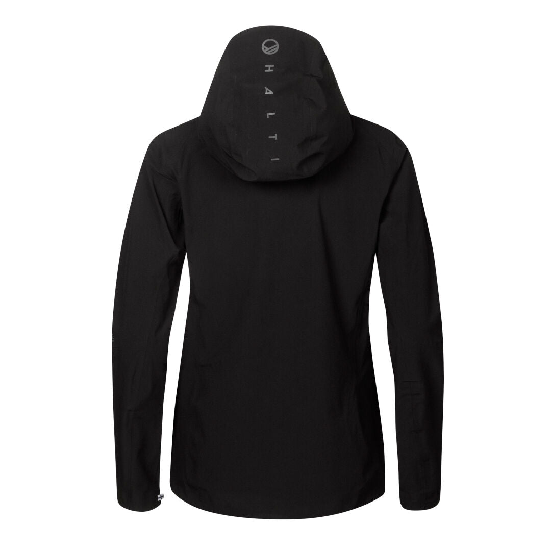 The Kaarna Womens DX 3L Shell Jacket by Halti, shown from the back, is wind- and waterproof with HALTI on the hood.