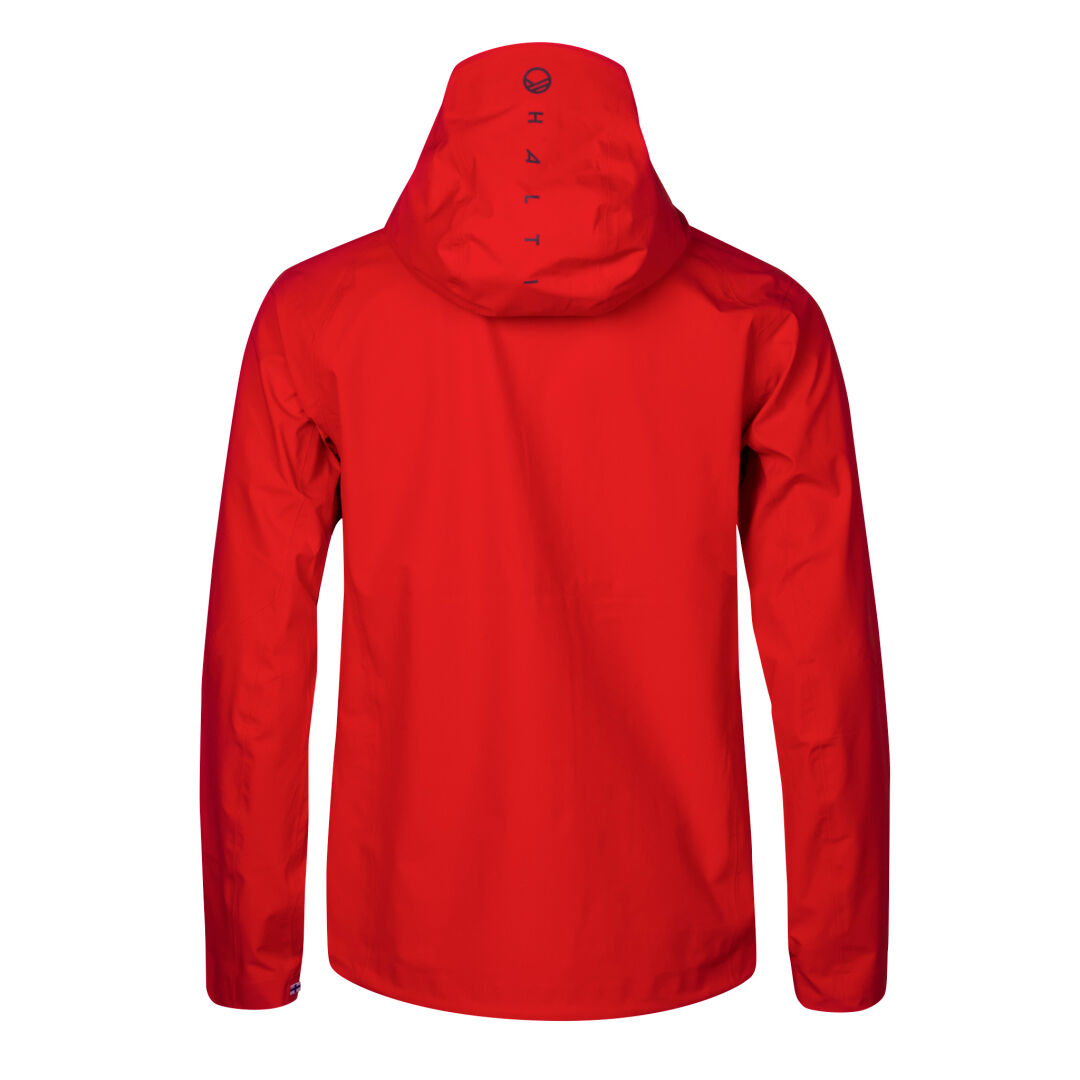 Back view of Halti Kaarna Mens DX 3L red shell jacket; wind- and waterproof with subtle branding on the hood.