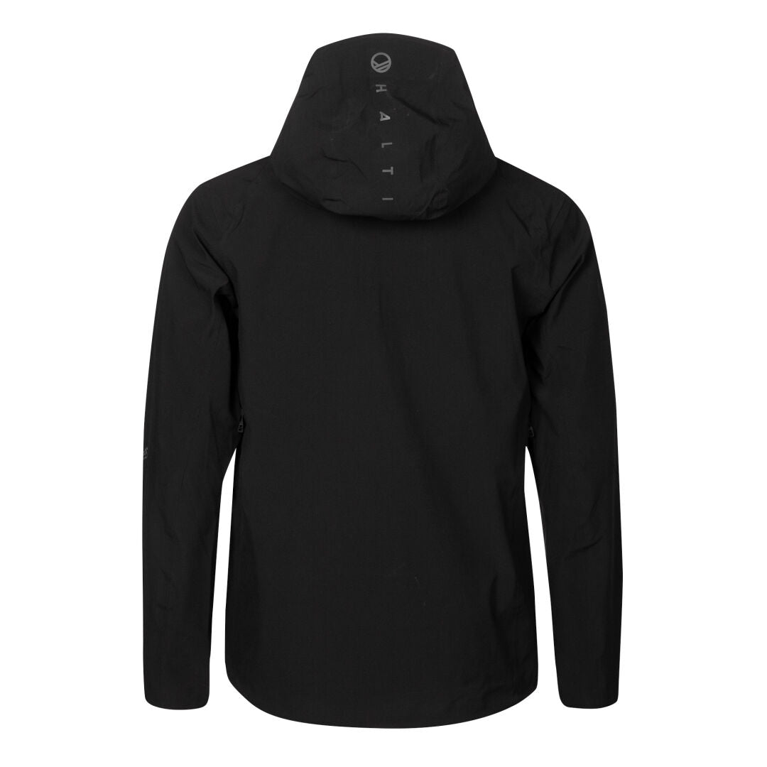 Halti Kaarna Mens DX 3L Shell Jacket in black, wind- and waterproof, shown from the back with logo on the hood.