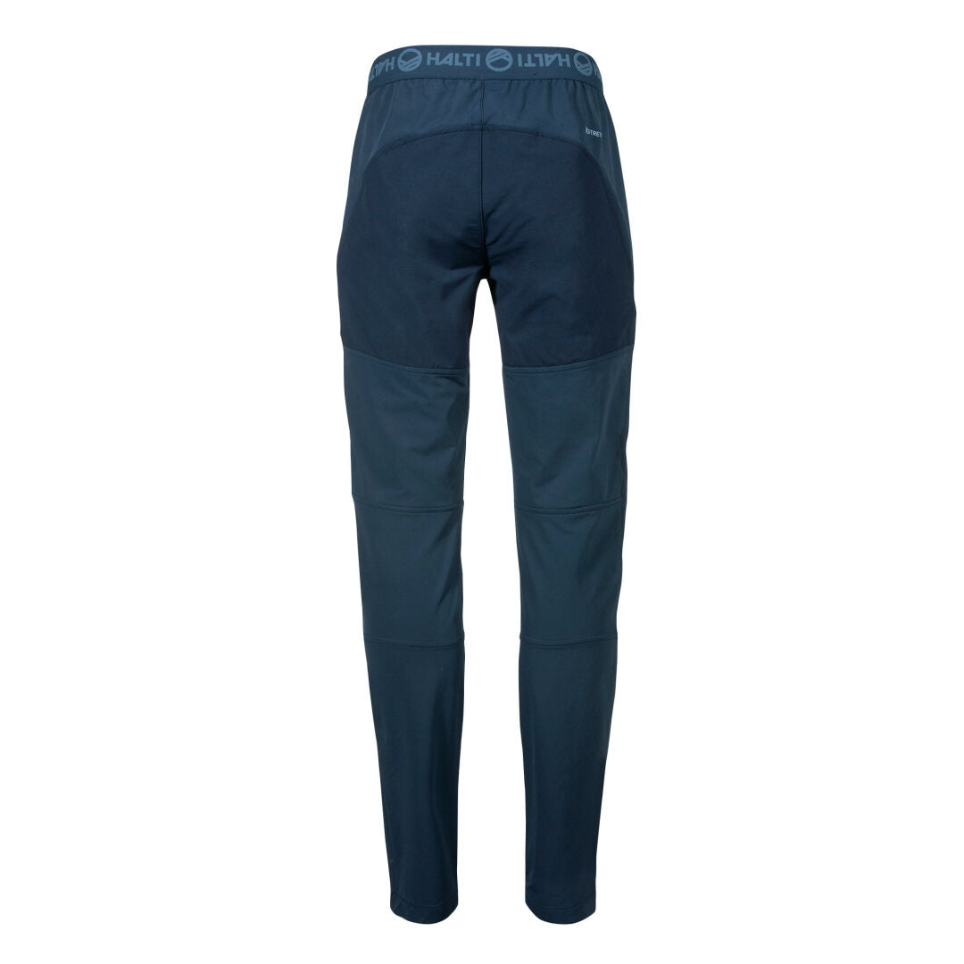 Rear view of Pallas II Womens Warm X-stretch Pants in dark blue with elastic waistband featuring Halti branding.