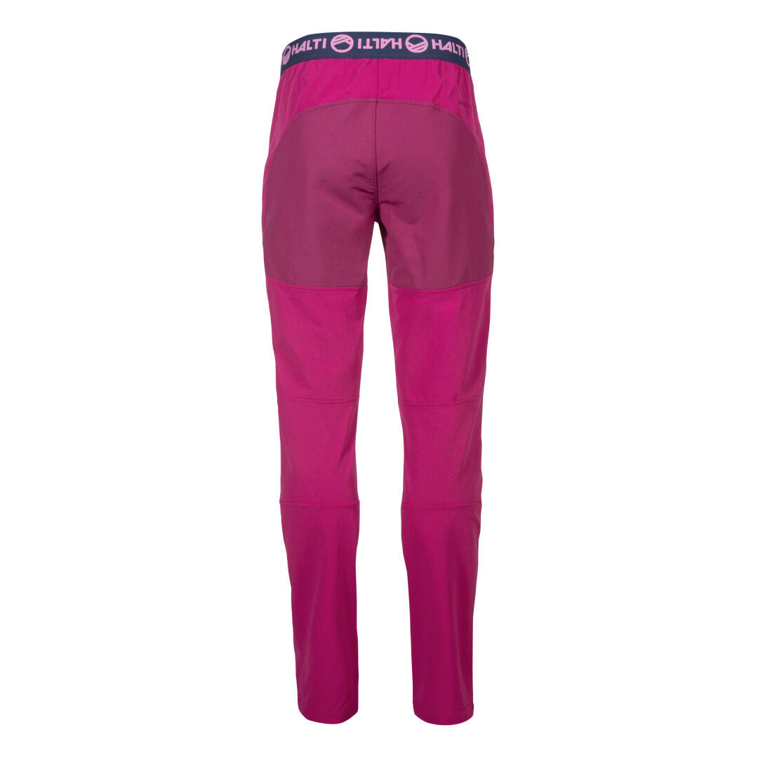 Back view of Pallas II Womens Warm X-stretch Pants in magenta with breathable fabric and white Halti logo on waistband.