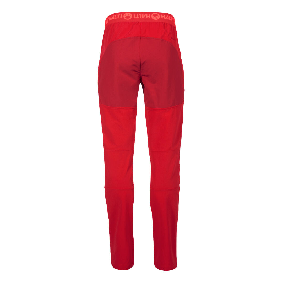 Back view of Halti Pallas II Womens Warm X-stretch Pants in red, featuring a two-tone design and branded waistband.