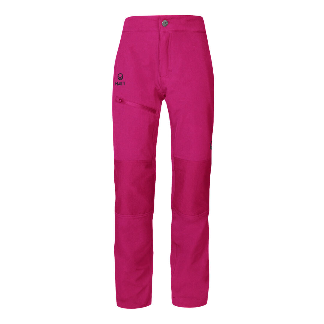 Halti Pallas II Children Warm Pants: bright pink, recycled material, reinforced knees, front zipper pocket.