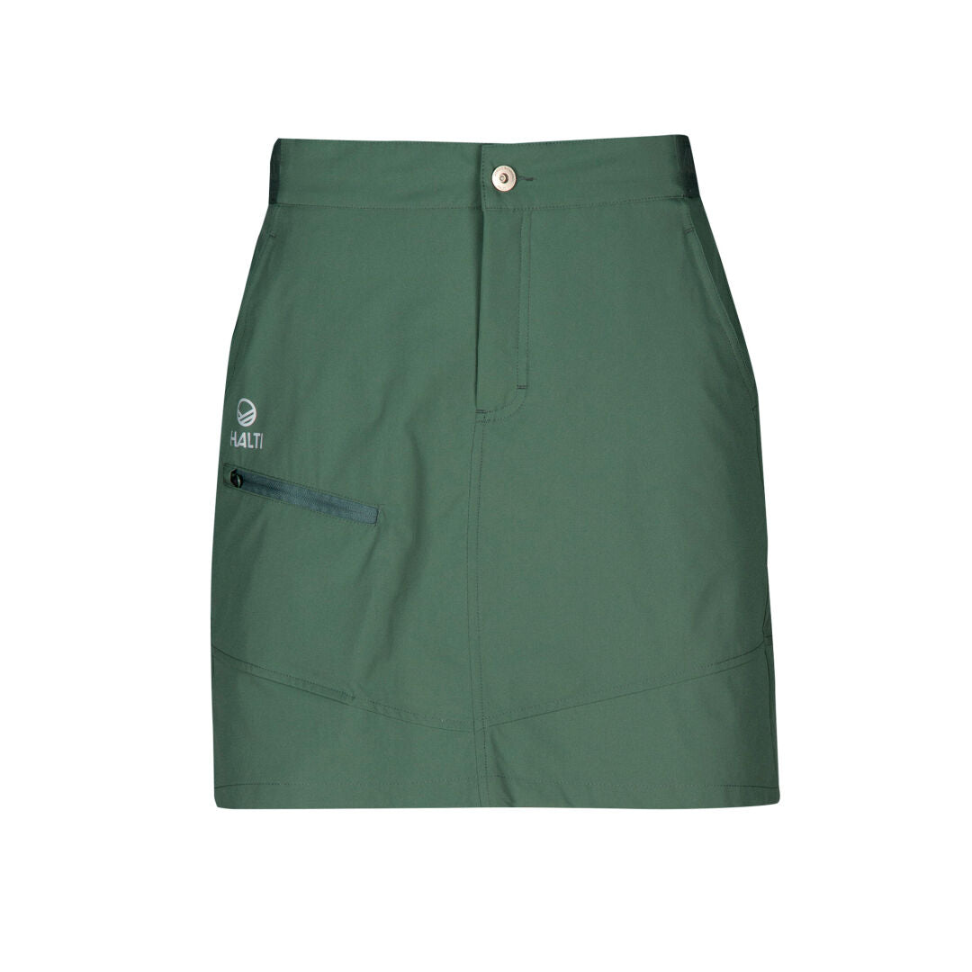The Halti Pallas Lite X-stretch Skort Women's is a green, knee-length skort with zip pocket and quick-dry fabric.