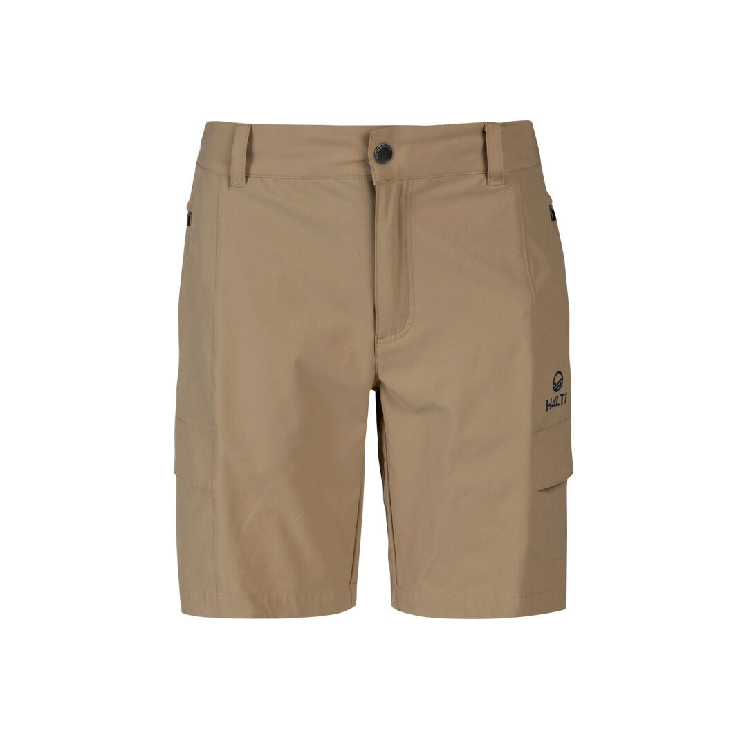 Halti Reissu Plus Womens Stretch Shorts: beige, quick dry, side pockets, belt loops, button closure, left-leg logo.