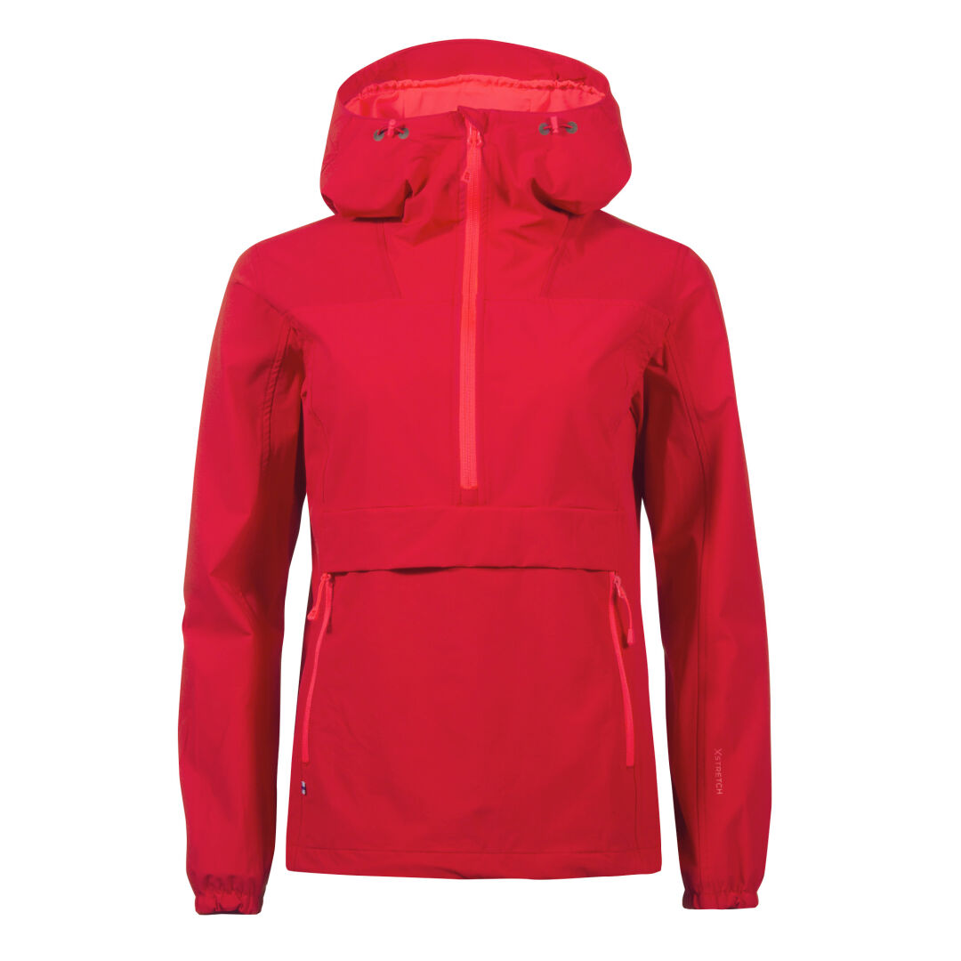 Halti Pallas Womens X-stretch Anorak in bright red with front zipper and two zip pockets, shown on white background.