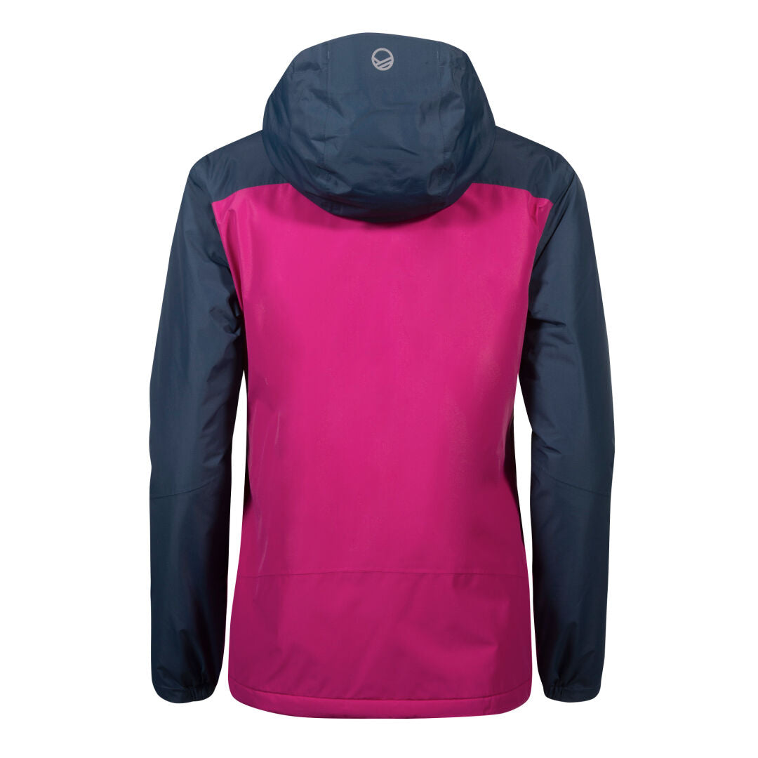 The Halti Fort Plus Womens Warm Shell Jacket features a dark blue hood and sleeves with a bright pink back, shown from behind.