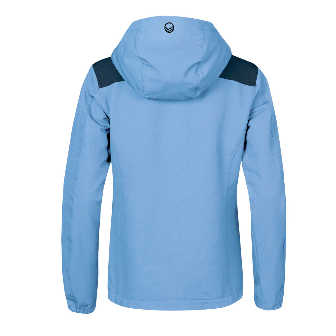 The Halti Kero Womens Warm X-stretch Jacket in light blue features dark blue shoulders and breathable long sleeves.