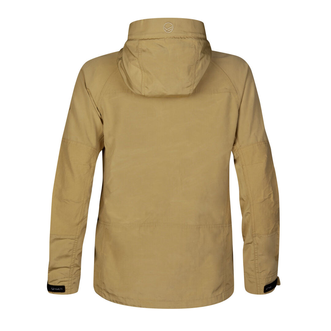 Halti Hiker Womens Ventilated Jacket in tan, shown from the back with long sleeves and black Velcro cuff straps.