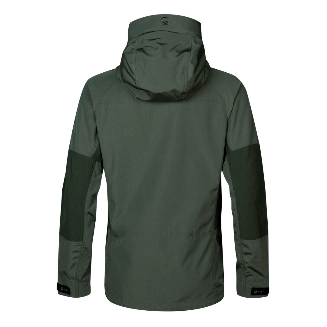 Halti Hiker Womens Ventilated Jacket in dark green, shown from the back with black elbow patches and adjustable cuffs.