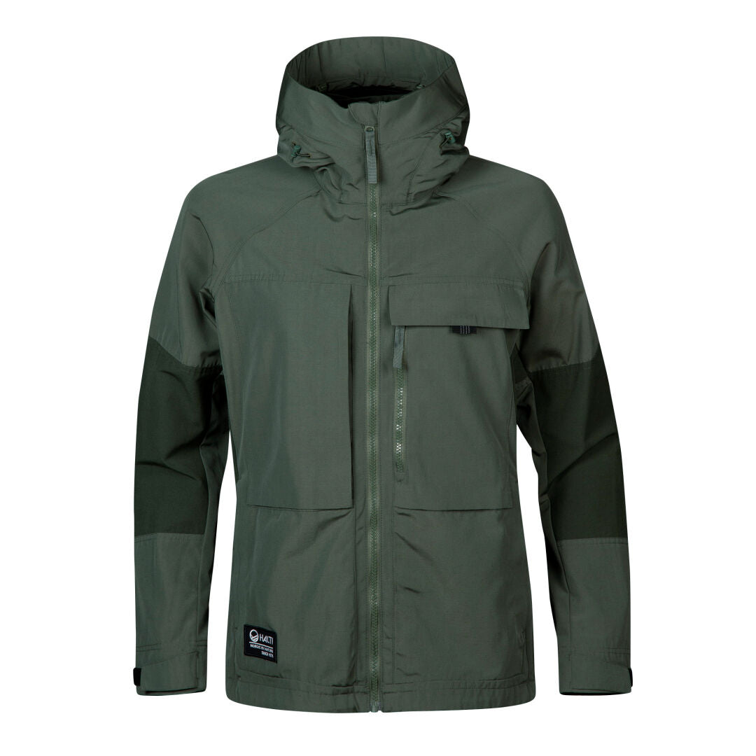 Halti Hiker Womens Ventilated Jacket in green, water-repellent with front zipper, chest pocket, and hem patch detail.
