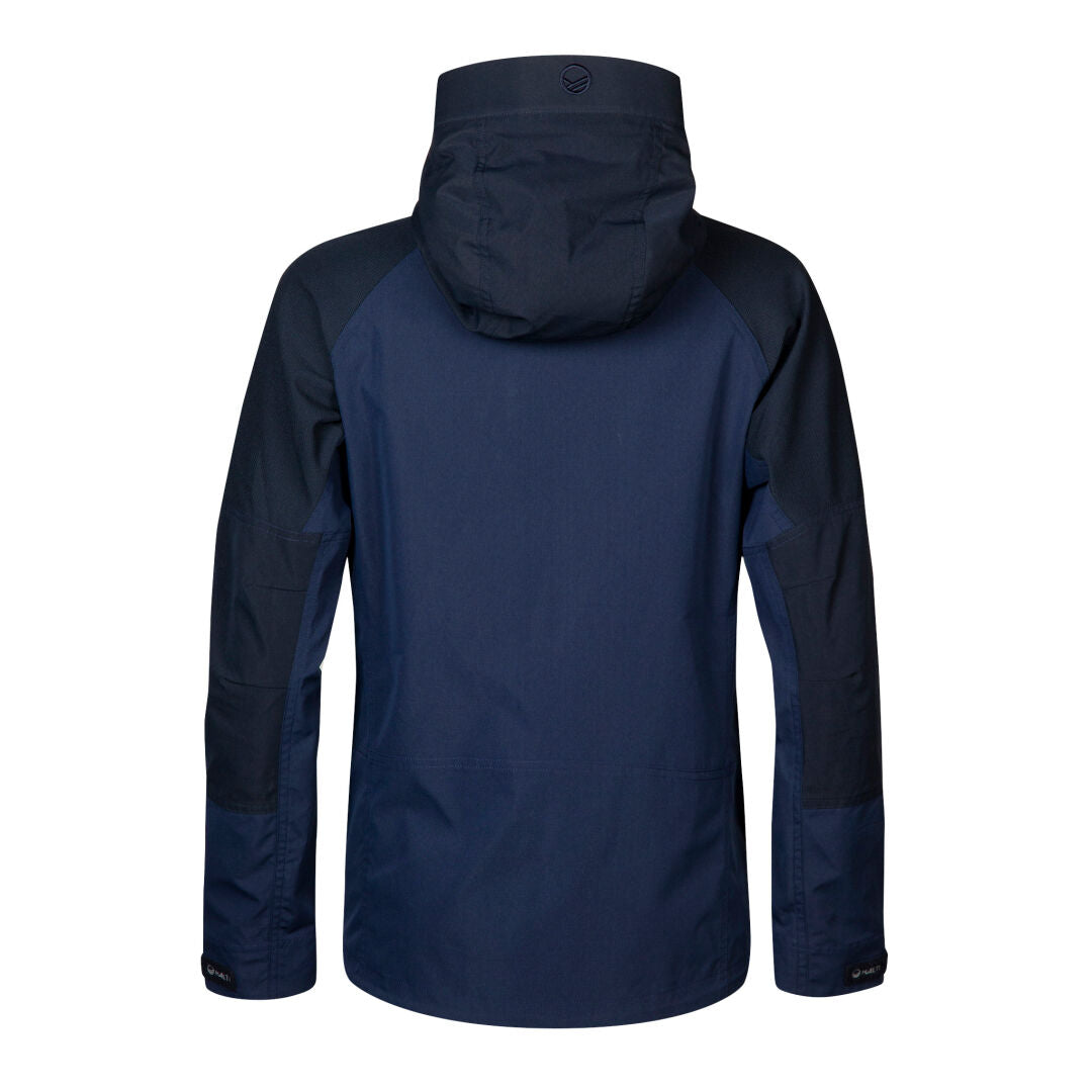 The Halti Hiker Womens Lite Outdoor Jacket in navy features a high collar, long sleeves, and water-repellent fabric.