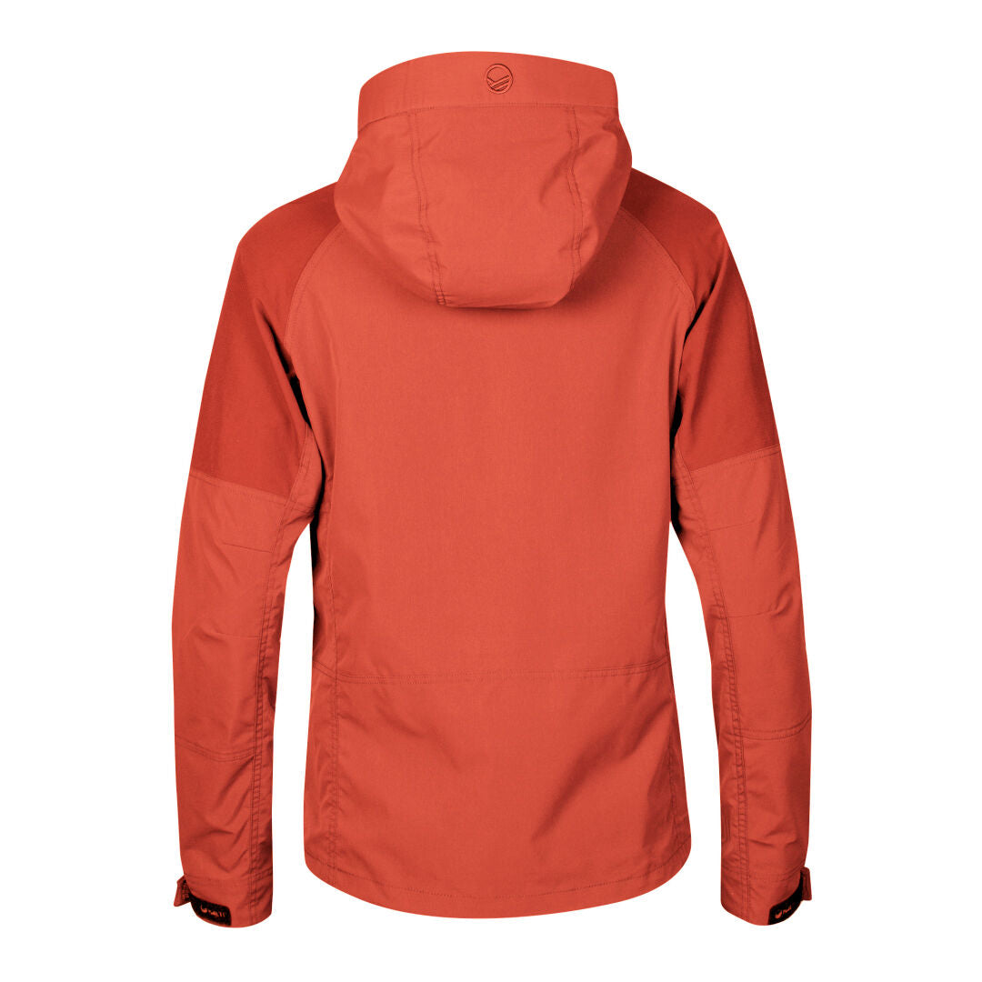 The Halti Hiker Womens Lite Outdoor Jacket in red features long sleeves, adjustable cuffs, and breathable fabric.