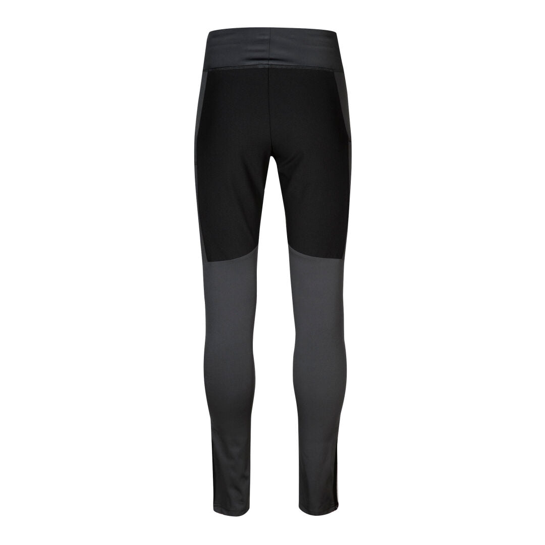 Back view of Halti Hiker Womens Tights, color-blocked with black top, gray legs, and windproof material.
