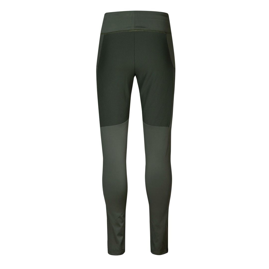 Back view of Halti Hiker Womens Tights in dark green with wide waistband, fitted legs, and windproof fabric.