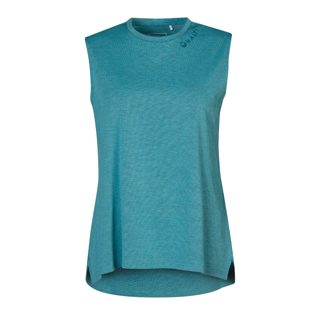 Halti Lehti Womens Top: sleeveless teal, Active Dry, UPF 50+, round neck, flared hem, small logo by collar.
