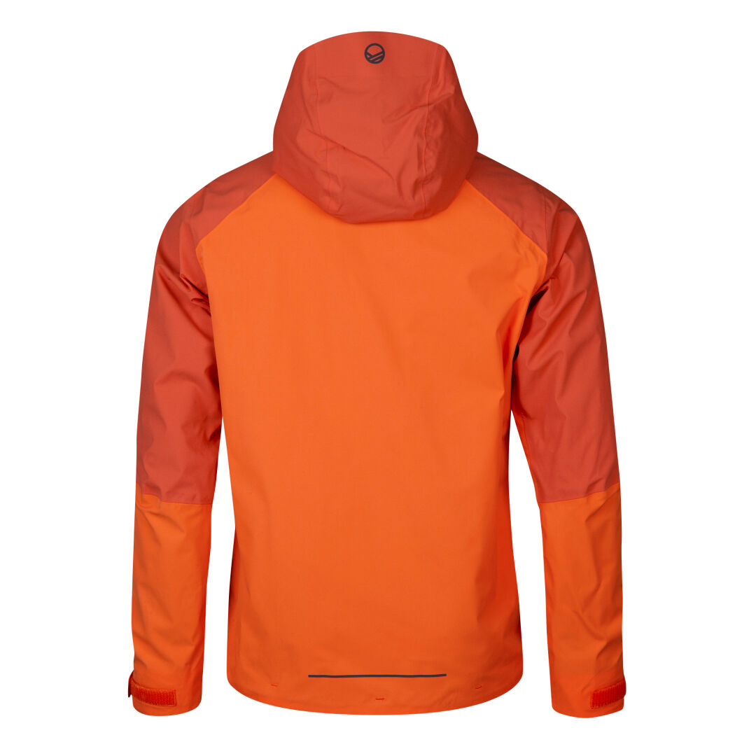 Back view of Halti Biegga Mens DrymaxX Shell Jacket in orange with darker sleeves, recycled material, small black logo.