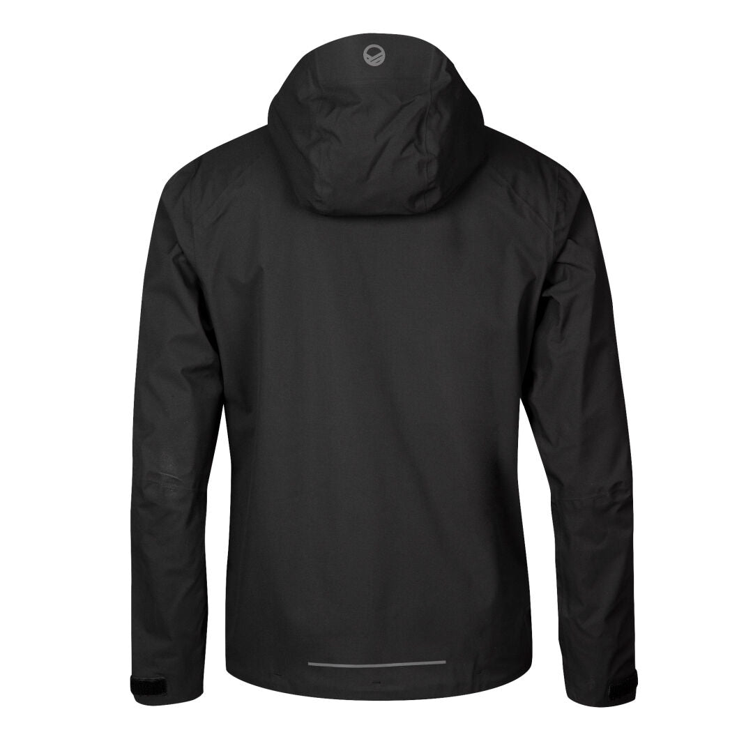 The Halti Biegga Mens DrymaxX Shell Jacket in black, shown from the back, has adjustable cuffs and a waterproof membrane.