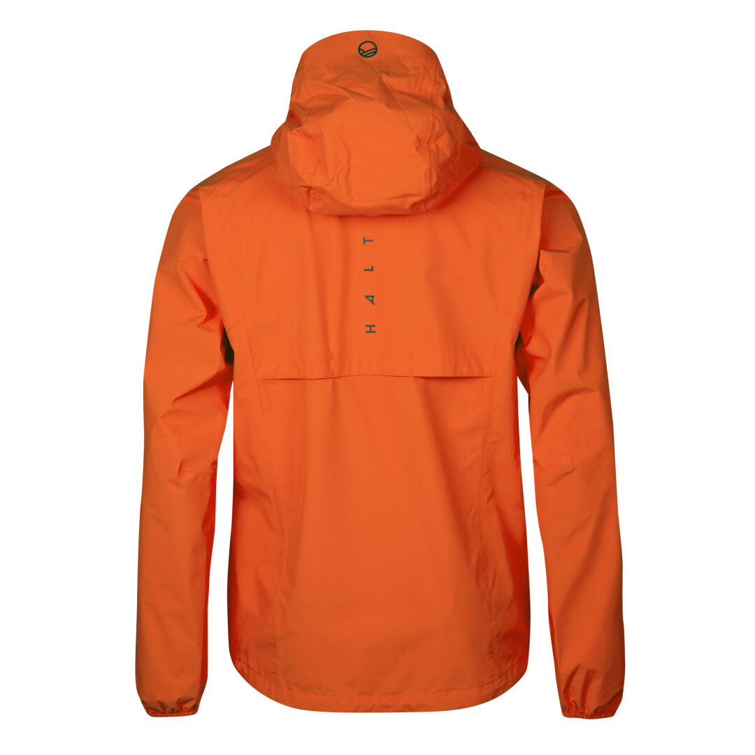 The Lastu II Mens DrymaxX 2.5L Shell Jacket by Halti is an orange waterproof jacket with HALTI printed on the back.