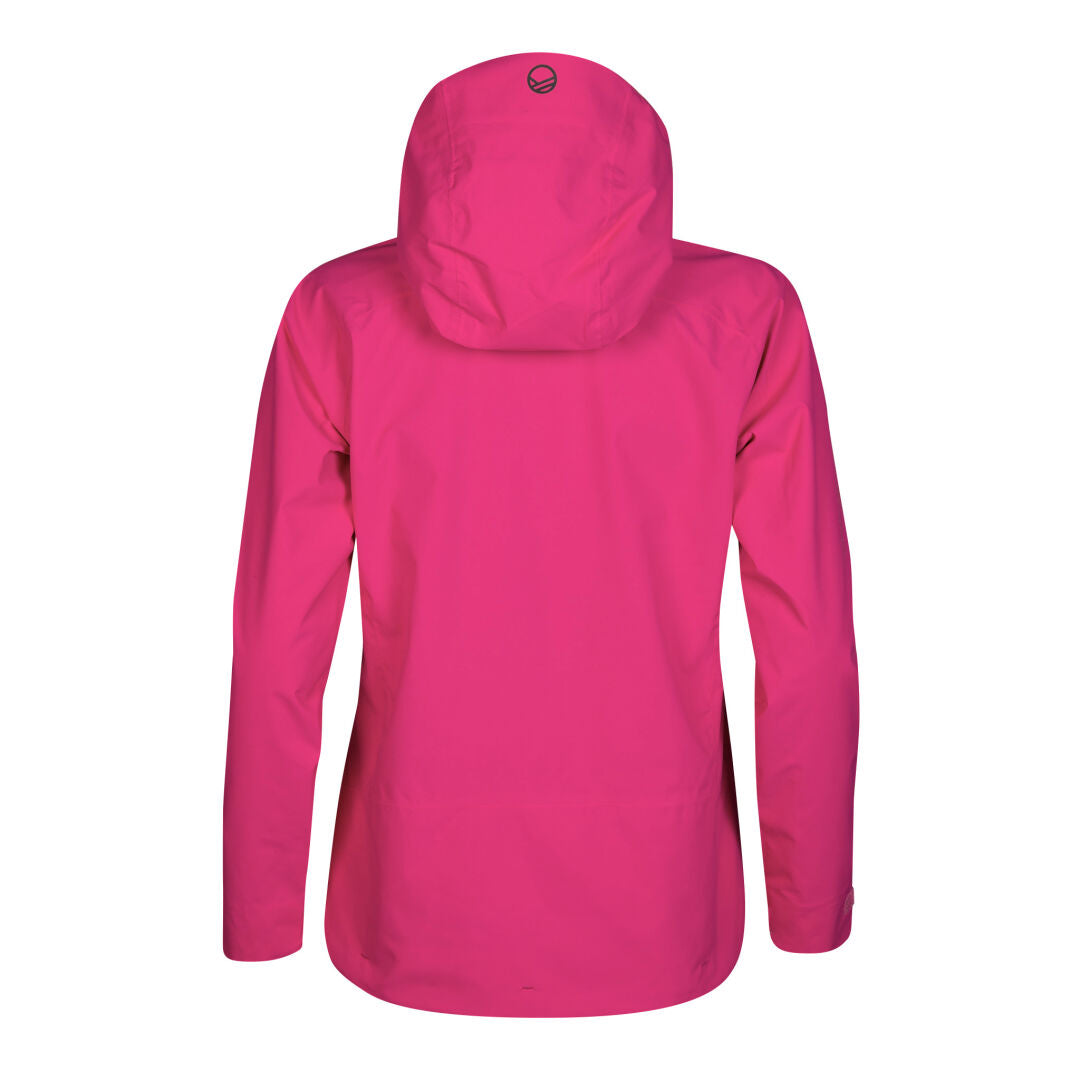 The Alma Womens DrymaxX Shell Jacket by Halti is shown from the back in bright pink, with long sleeves and a logo near the hood.