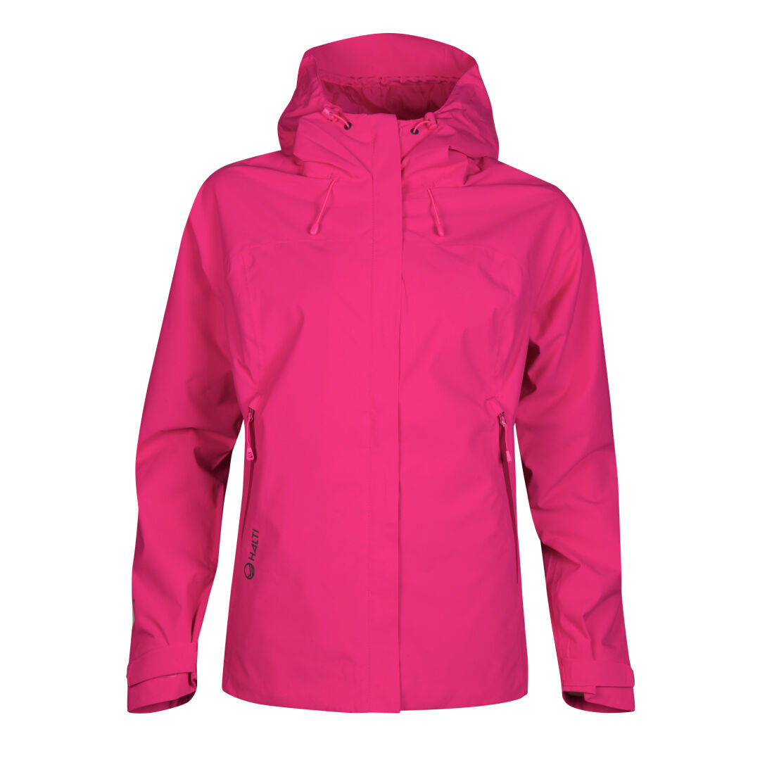 Halti Alma Womens DrymaxX Shell Jacket: bright pink, waterproof, hooded, zip pockets, adjustable cuffs, recycled polyester.