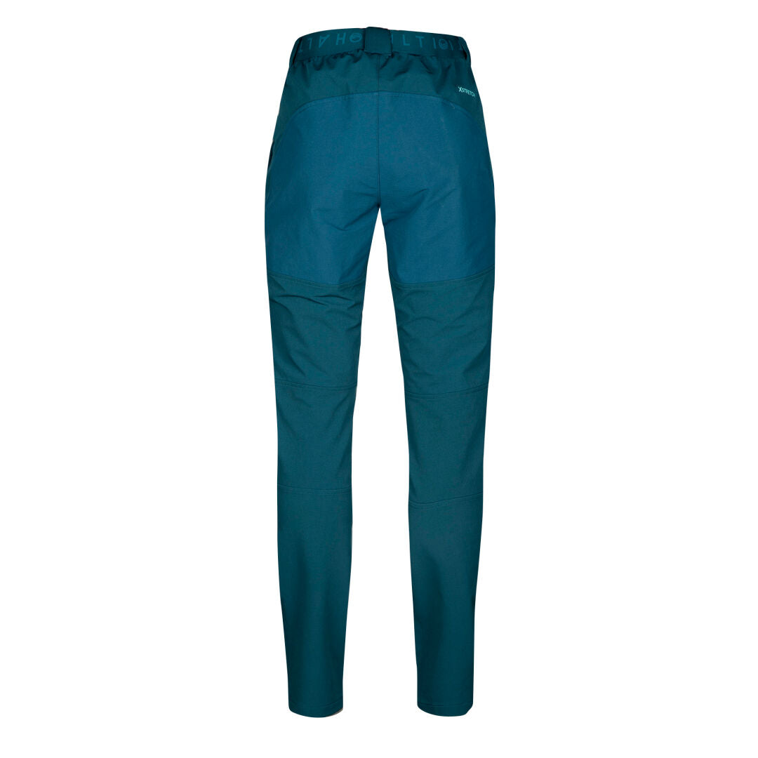 Back view of Halti Pallas III Warm Womens outdoor pants in teal/dark green with X-stretch and elastic waist on white.