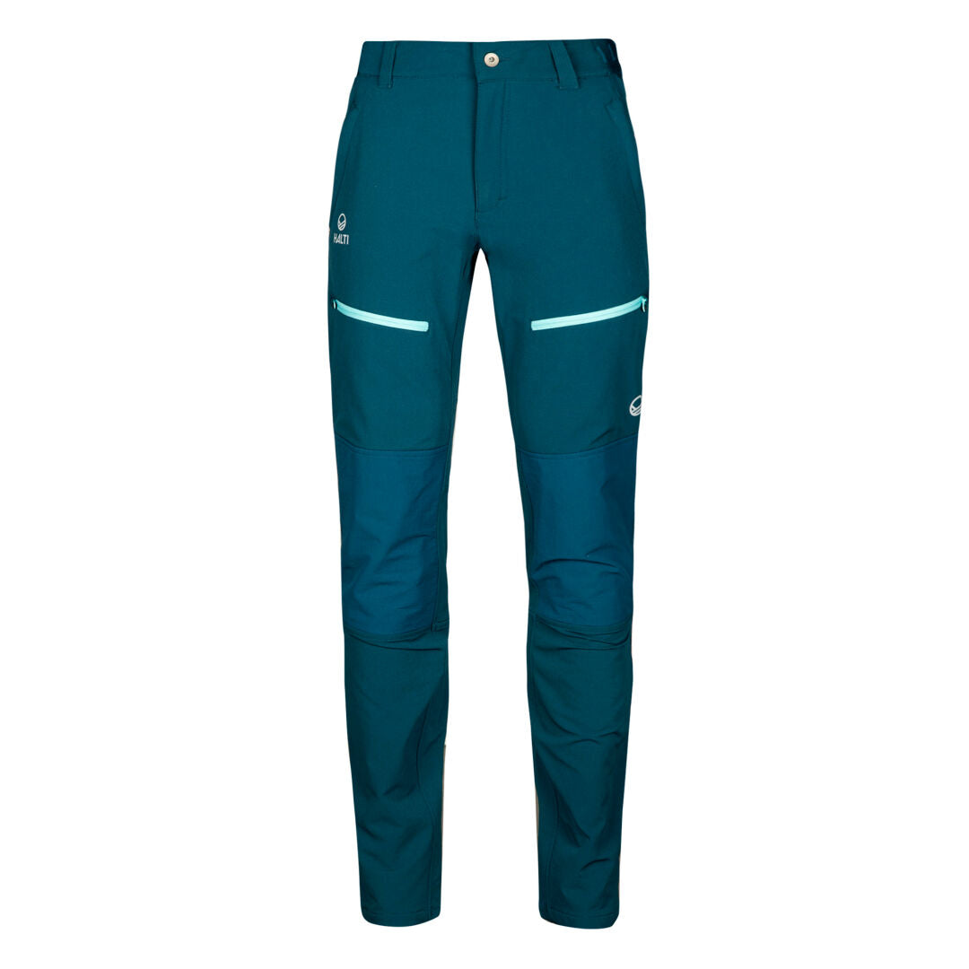 Halti Pallas III Warm X-stretch womens outdoor pants in teal, with two zip pockets and articulated knees.