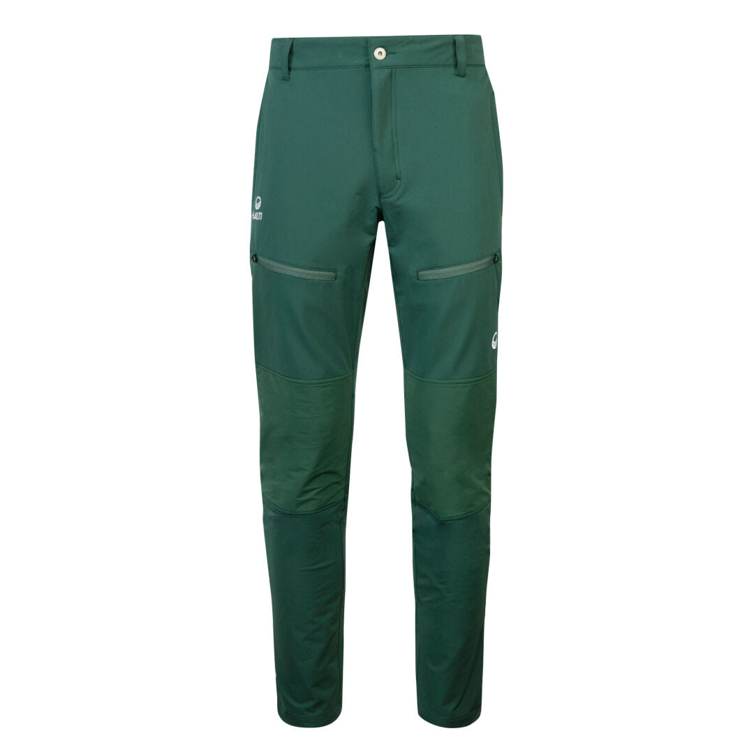 Halti Pallas III Warm X-stretch mens outdoor pants with reinforced knees, shown in green on a white background.
