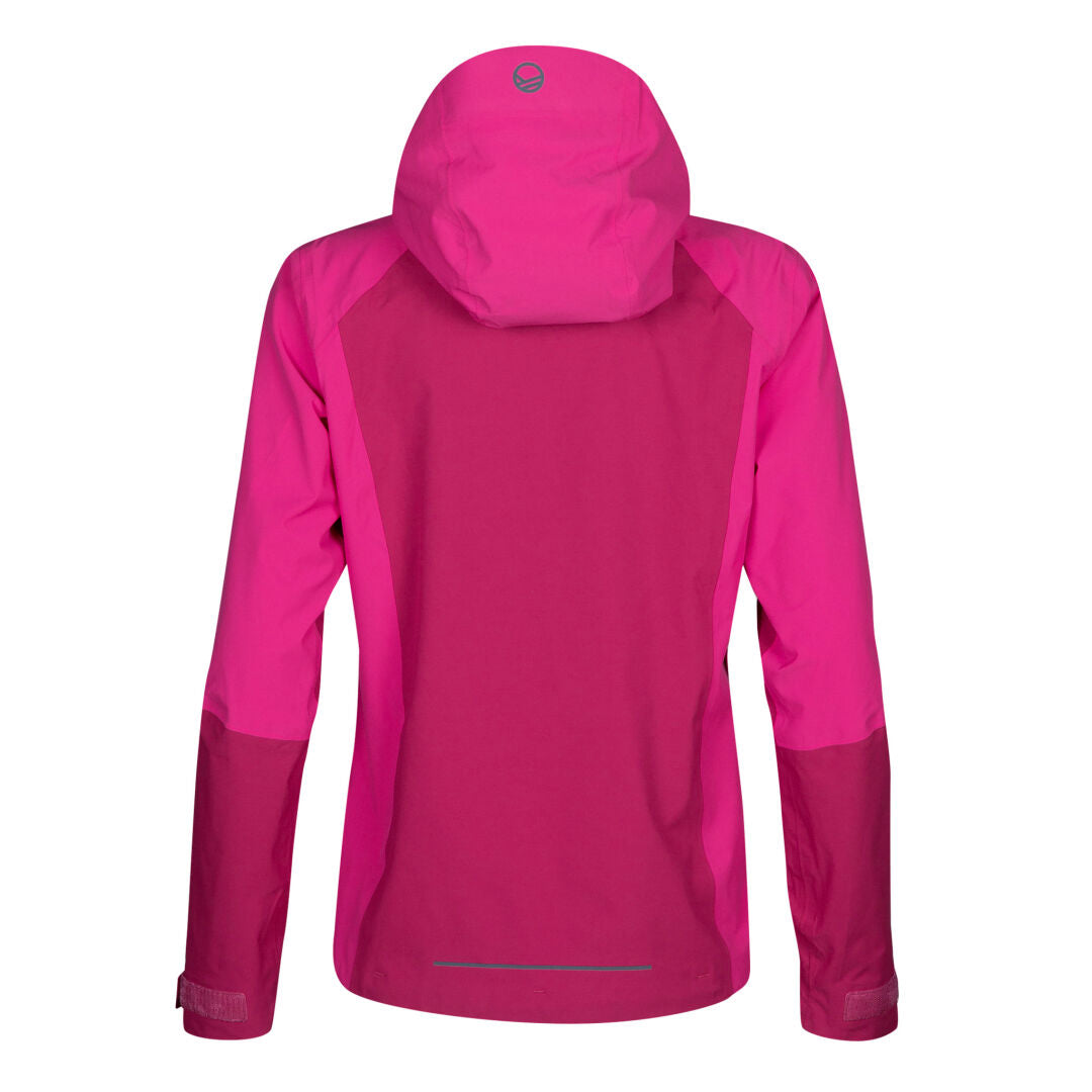 The Halti Biegga Neve DrymaxX Shell Jacket is bright pink, lightweight, hooded, with a logo on the upper back.