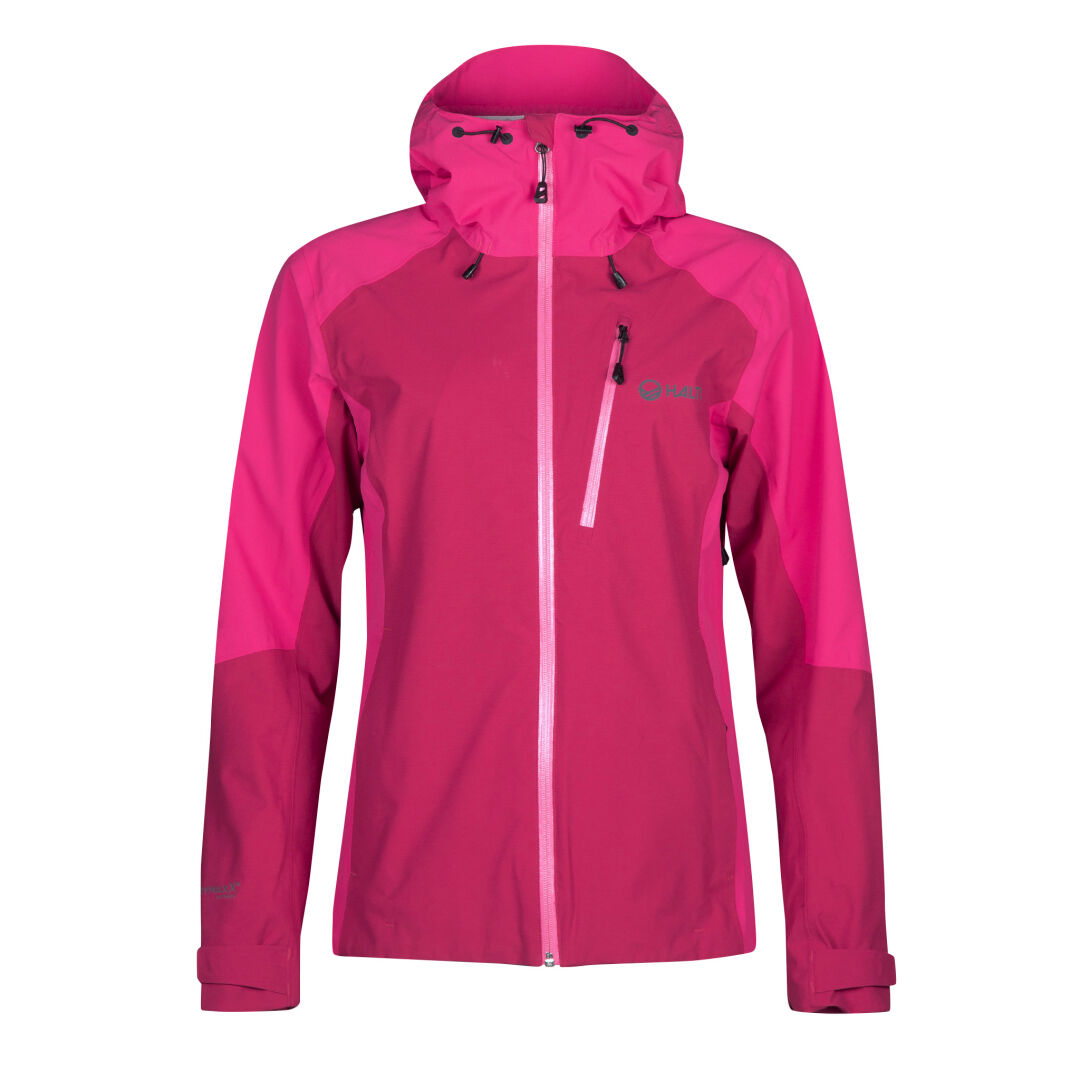 The Halti Biegga Neve DrymaxX Shell Jacket is bright pink, lightweight, waterproof, and features chest and sleeve pockets.