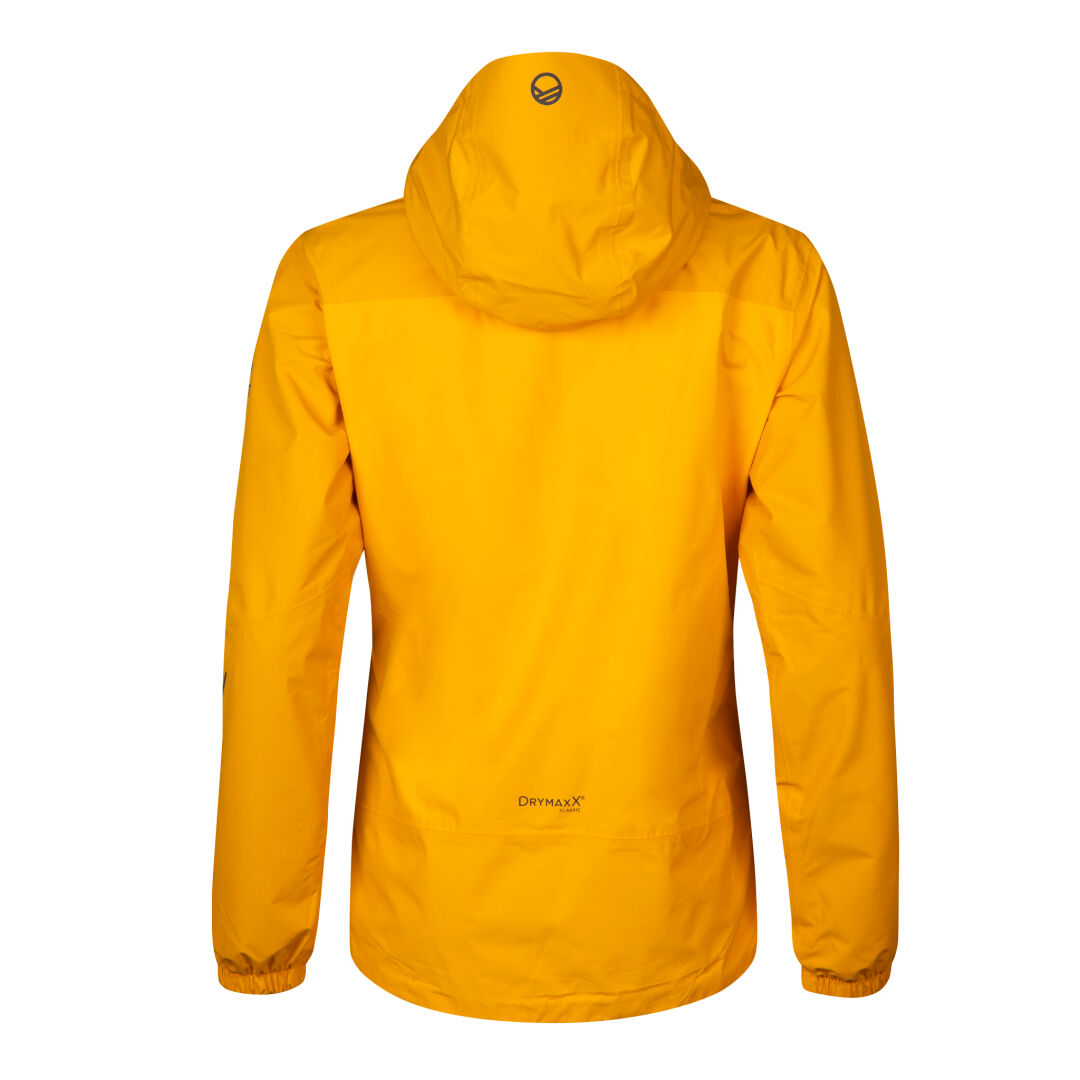 The Halti River Womens DrymaxX Shell Jacket is yellow, waterproof, with reflective details and DRYMAXX text on the back.