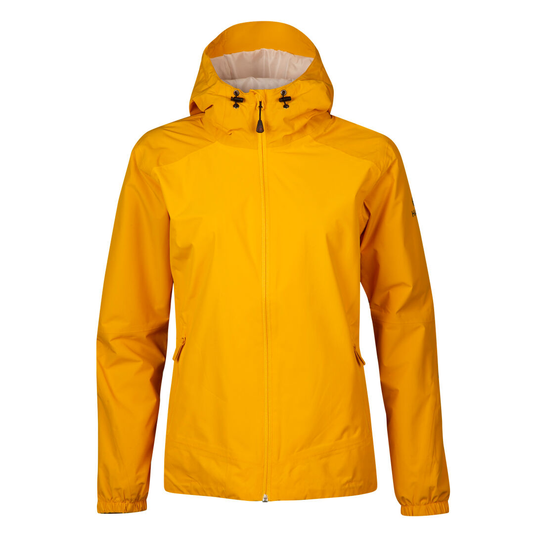The Halti River Womens DrymaxX Shell Jacket in yellow has reflective details and zippered pockets, shown front view.