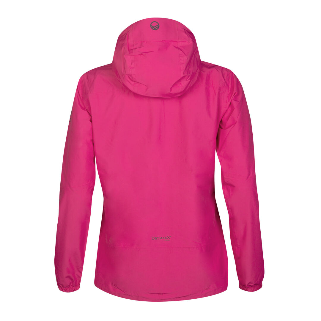The Halti River Womens DrymaxX Shell Jacket in bright pink features long sleeves and a small reflective hem logo.