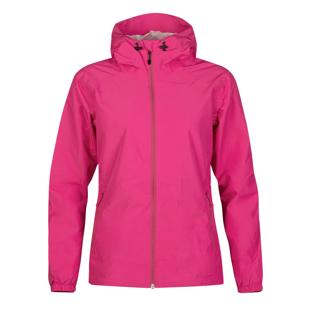 Halti River Womens DrymaxX Shell Jacket in bright pink with reflective details, front zipper, and adjustable hood.