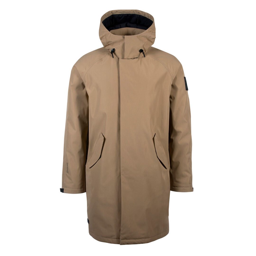 Halti Flemari Unisex DrymaxX Parka Jacket in beige with hood, black drawstrings, zipper, and two slanted pockets.