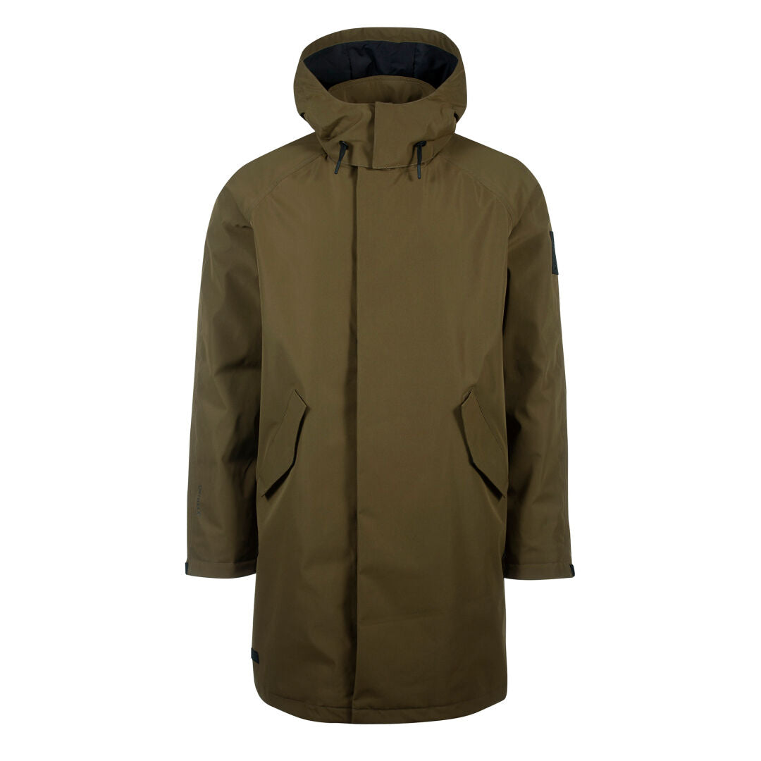 Halti Flemari Unisex DrymaxX Parka Jacket in olive green with hood, zipper, flap pockets, and long sleeves.
