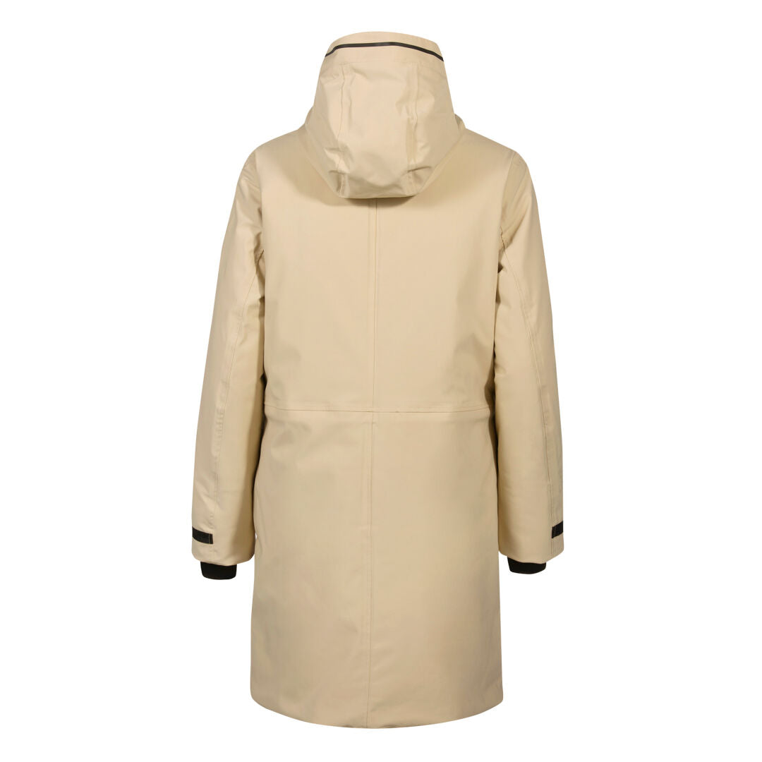 The Halti Bergga Womens DrymaxX Winter Parka is shown from the back in beige with black cuff trim on a white background.