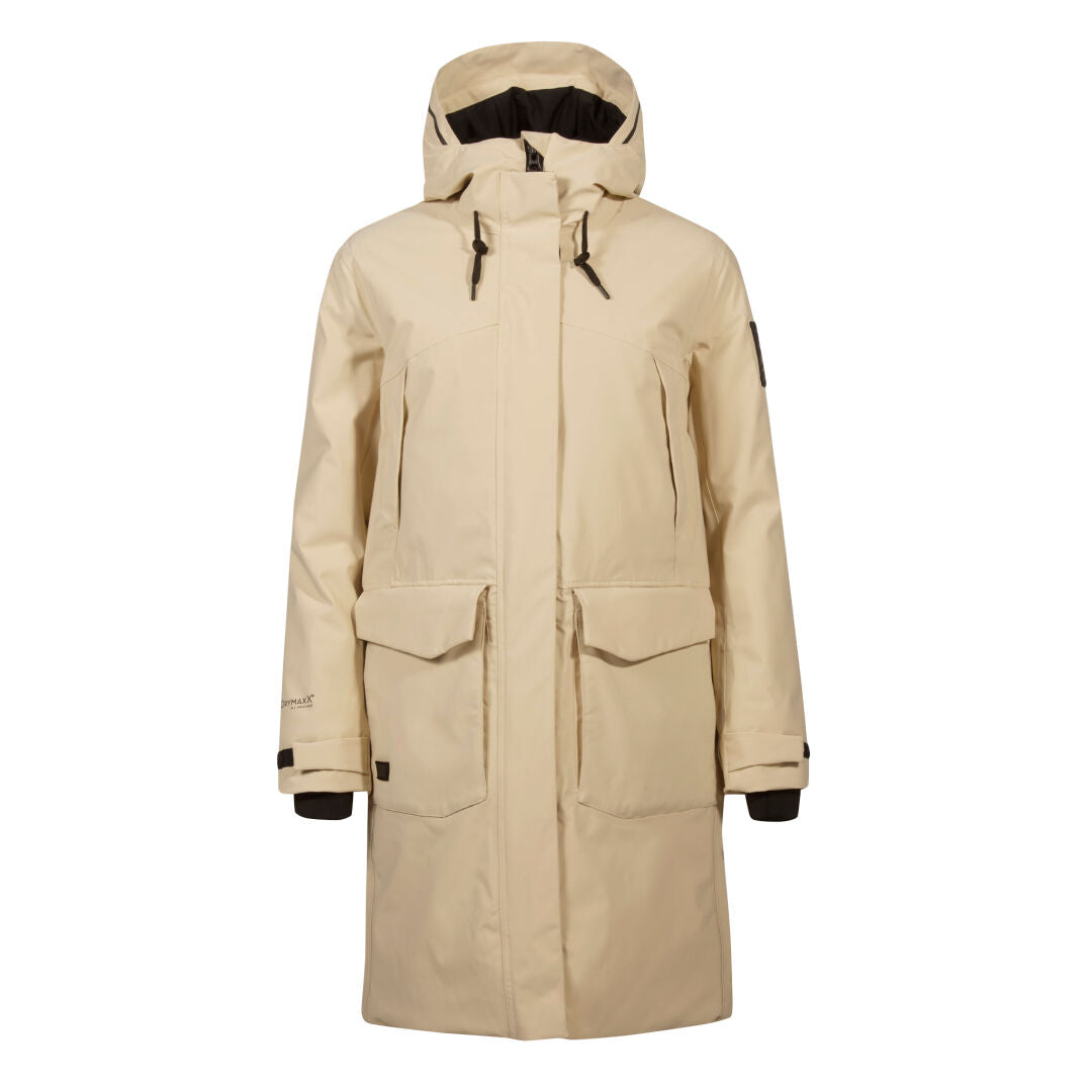 The Halti Bergga Womens DrymaxX Winter Parka is a long, light beige coat with large pockets and black accents.