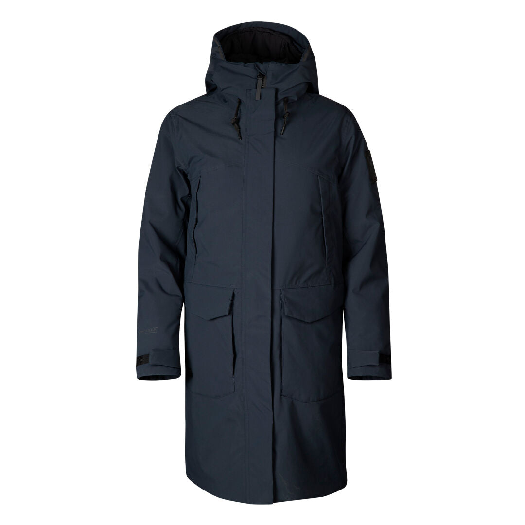 Halti Bergga Womens DrymaxX Winter Parka: long, dark urban parka with large pockets and adjustable cuffs.