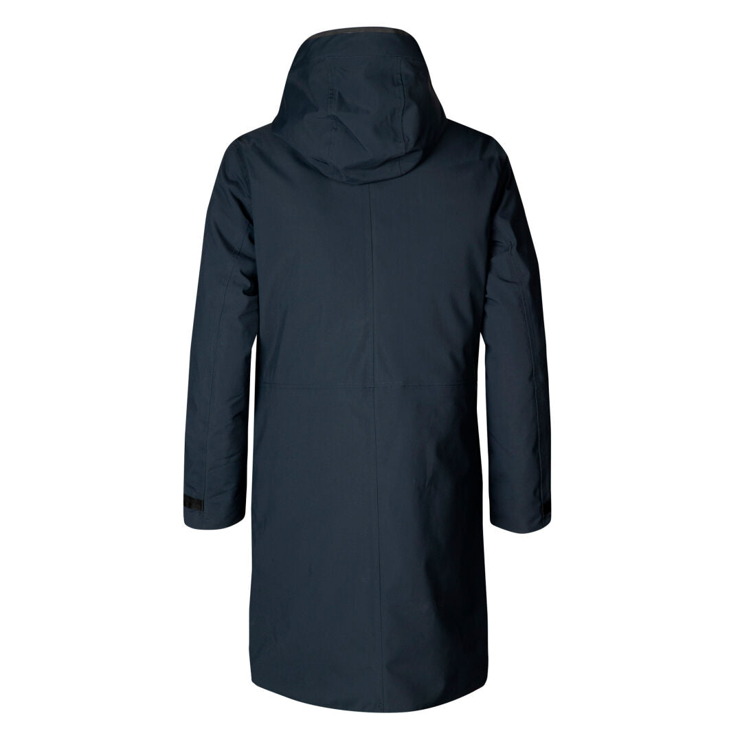 Halti Bergga Womens DrymaxX Winter Parka in dark blue, shown from the back with hood, long sleeves, and straight hem.