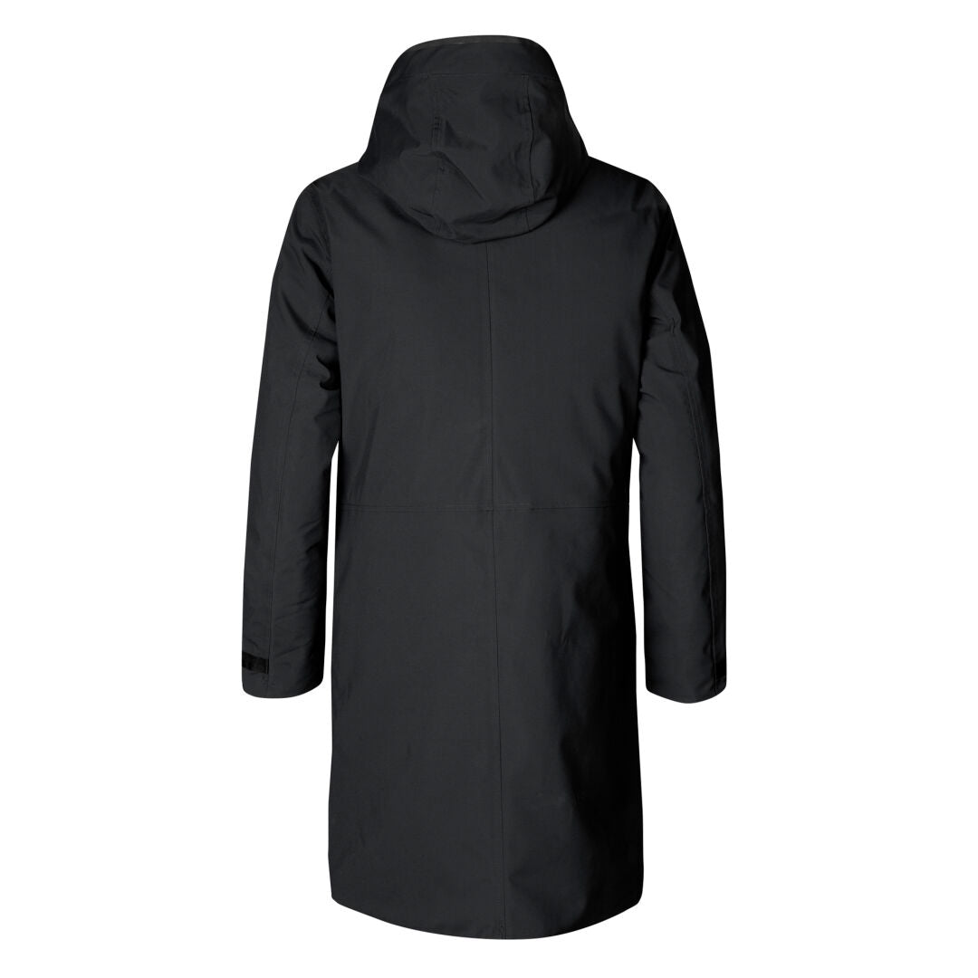 The Halti Bergga Womens DrymaxX Winter Parka in black with reflective details is shown from the back on white.
