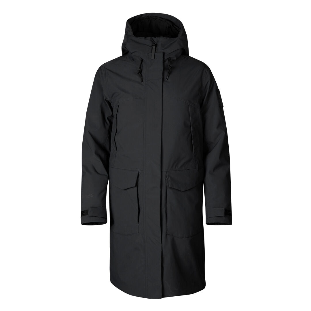 Halti Bergga Womens DrymaxX Winter Parka in black with reflective details, front zipper, and adjustable cuffs.