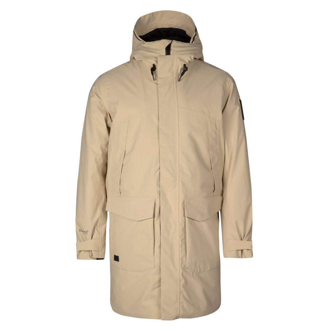 The Halti Bergga Mens DrymaxX Winter Jacket in beige features front pockets, adjustable cuffs, and a zipper.