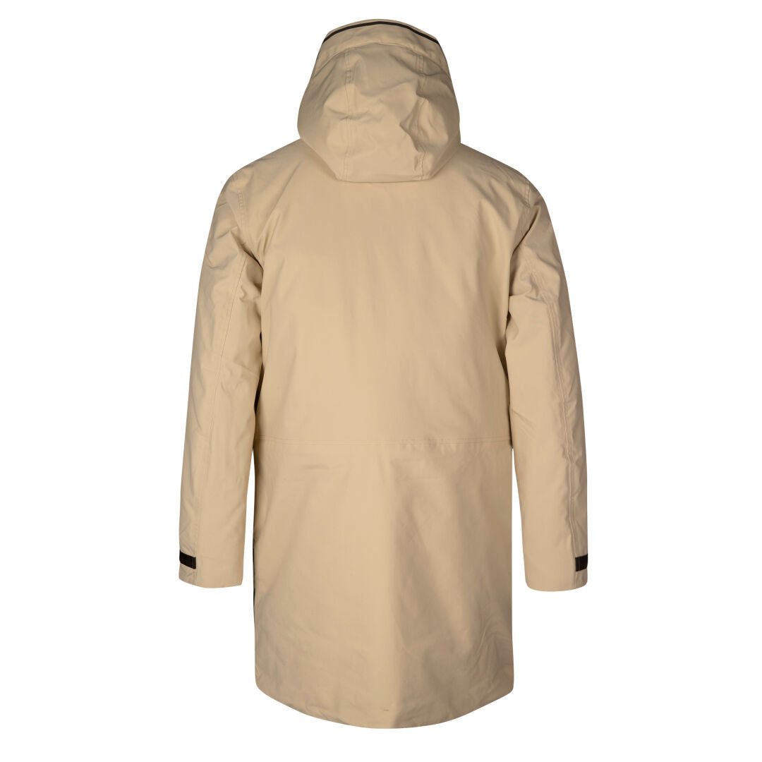 The Halti Bergga Mens DrymaxX Winter Jacket in beige features long sleeves, a hood, and a straight hem.